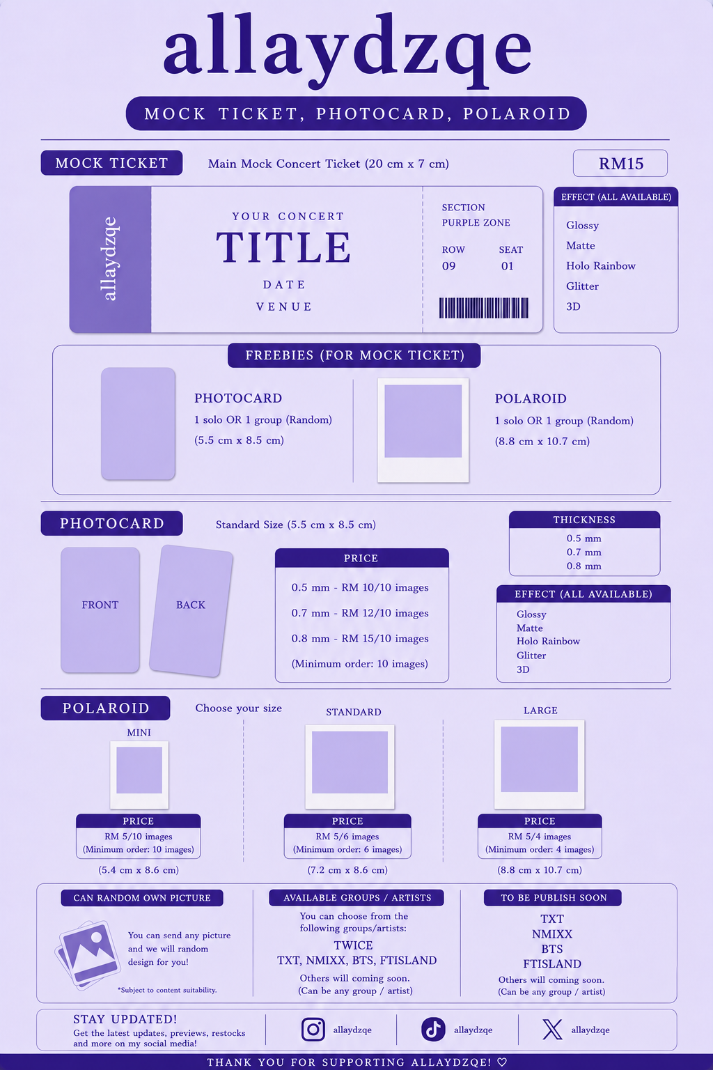 allaydzqe products - Mock ticket, photocard, polaroid information and pricing