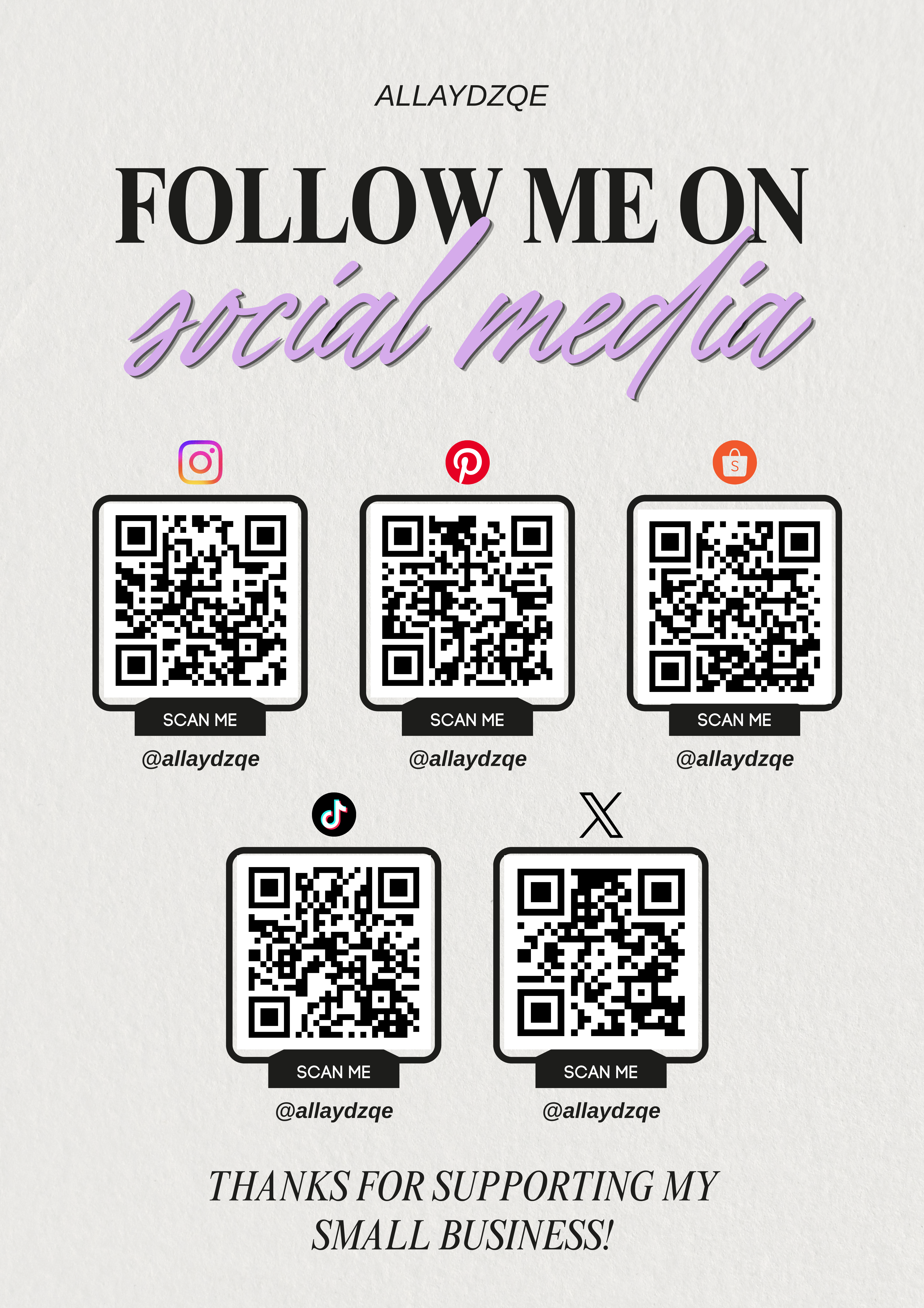 Follow me on social media - Instagram, Pinterest, Shopee, TikTok, X with QR codes